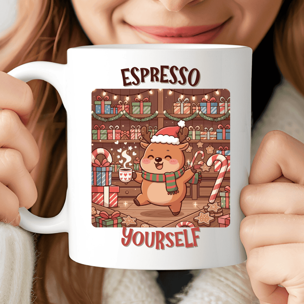Espresso Yourself Rudolph Mug, Cute Christmas Reindeer Coffee Cup