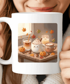 Fall Mug, Cute Autumn Coffee Cup with Pumpkin Spice and Cozy Drinks