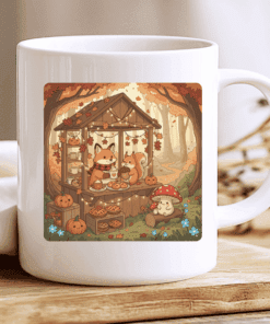 Forest Café Mug, Autumn Coffee Cup with Fox and Squirrel Sharing Cocoa 2