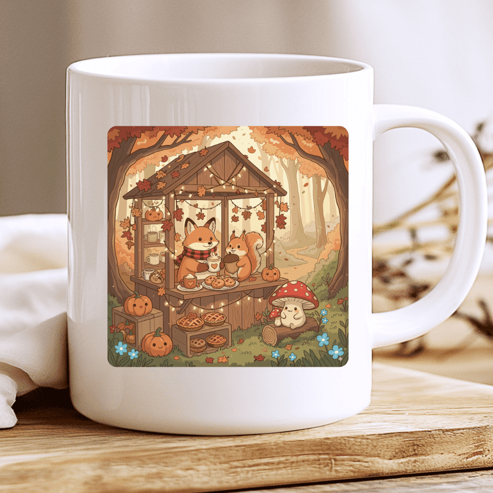 Forest Café Mug, Autumn Coffee Cup with Fox and Squirrel Sharing Cocoa 2