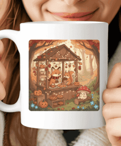 Forest Café Mug, Autumn Coffee Cup with Fox and Squirrel Sharing Cocoa