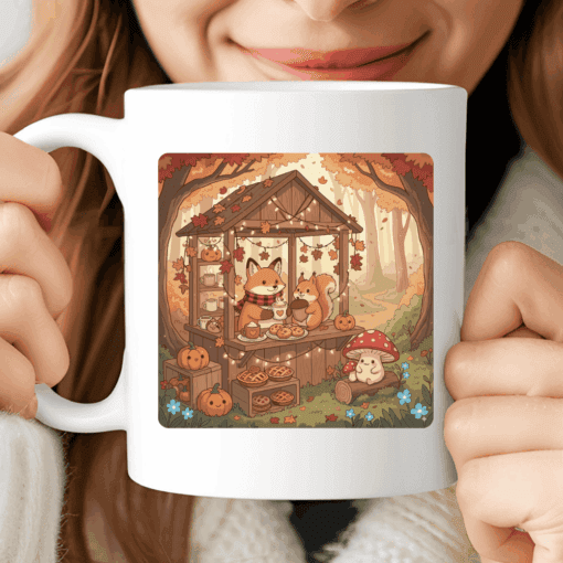 Forest Café Mug, Autumn Coffee Cup with Fox and Squirrel Sharing Cocoa