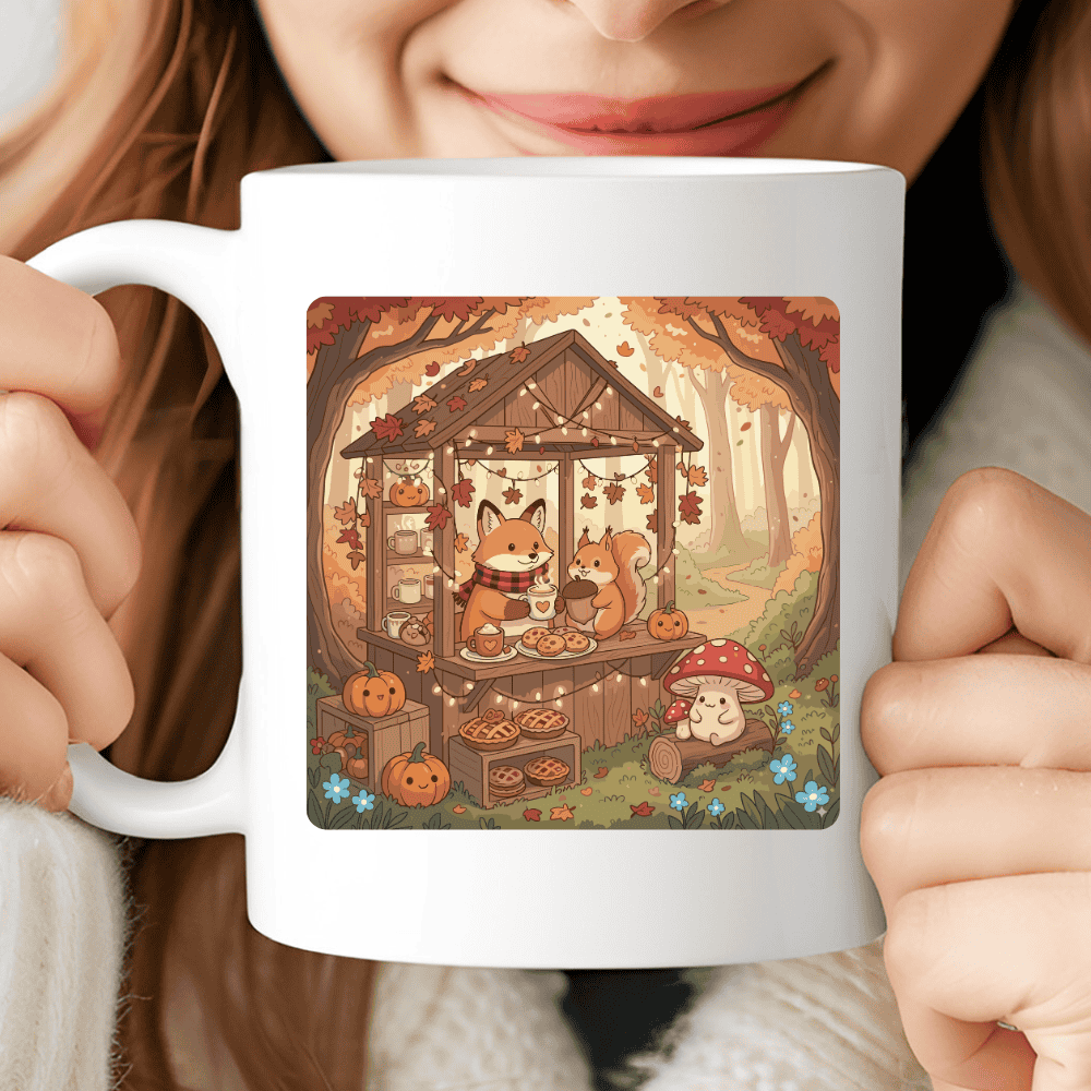 Forest Café Mug, Autumn Coffee Cup with Fox and Squirrel Sharing Cocoa