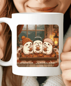 Ghost Mug, Cute Halloween Coffee Cup with Pumpkins and Hot Chocolate, 11 oz