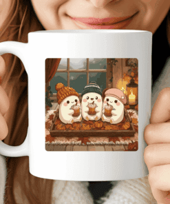 Ghost Mug, Cute Halloween Coffee Cup with Pumpkins and Hot Chocolate