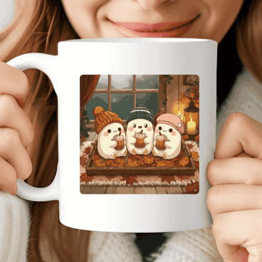 Ghost Mug, Cute Halloween Coffee Cup with Pumpkins and Hot Chocolate