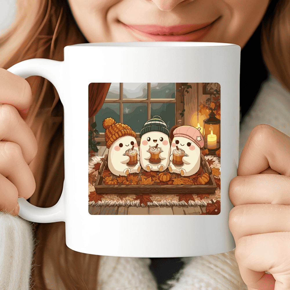 Ghost Mug, Cute Halloween Coffee Cup with Pumpkins and Hot Chocolate