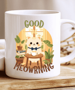 Good Meowrning Mug, Cute Cat with Bow Tie and Coffee Cup 2