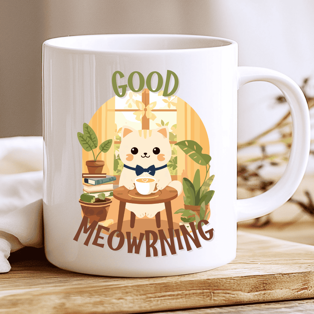 Good Meowrning Mug, Cute Cat with Bow Tie and Coffee Cup 2
