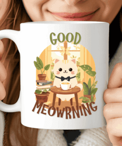 Good Meowrning Mug, Cute Cat with Bow Tie and Coffee Cup