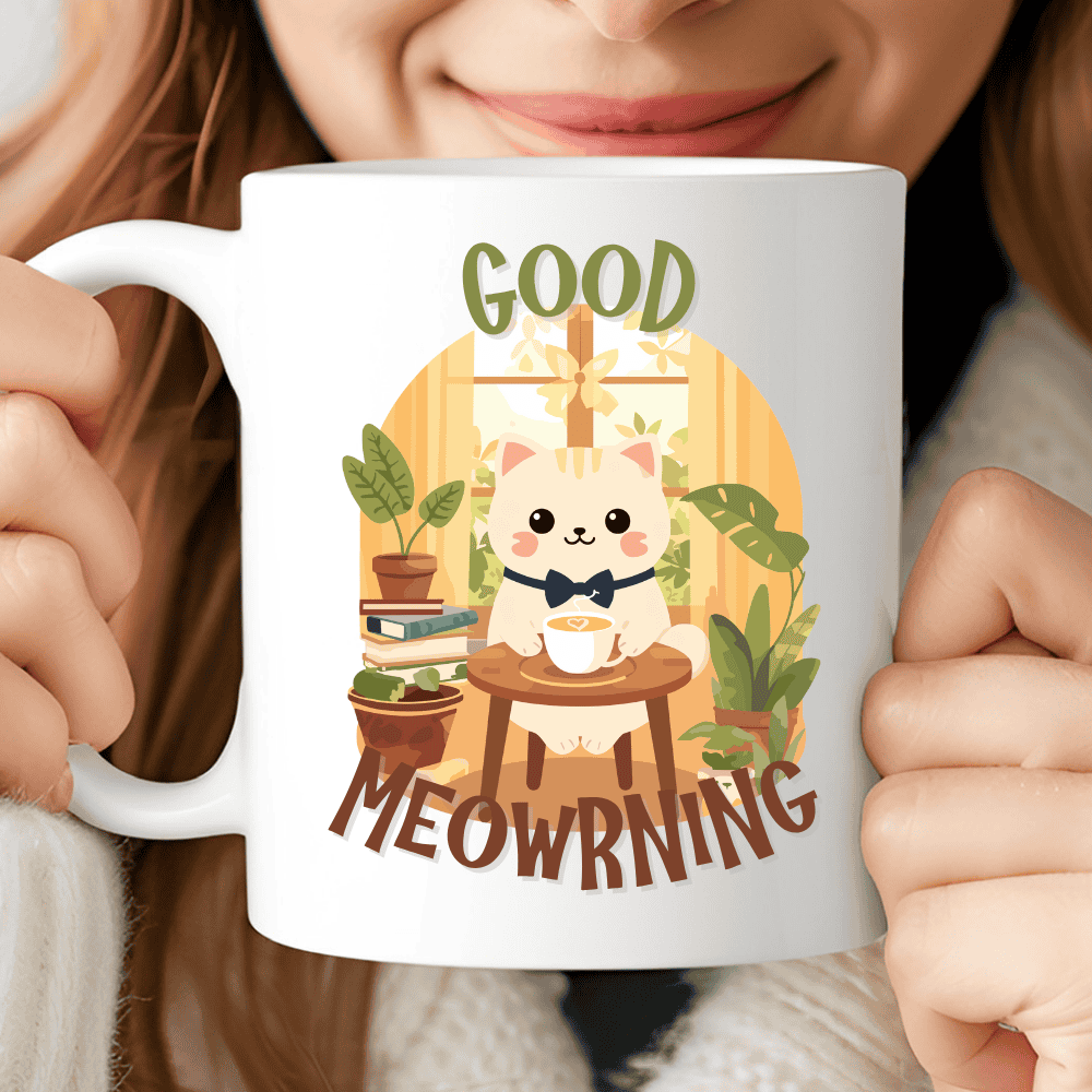Good Meowrning Mug, Cute Cat with Bow Tie and Coffee Cup