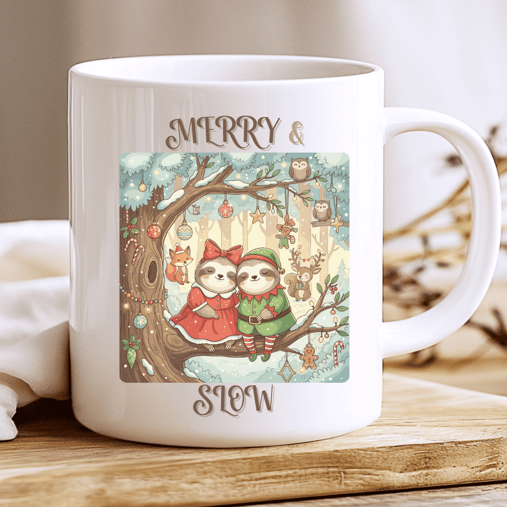 Merry & Slow Mug, Cute Christmas Sloth Coffee Cup - Image 2