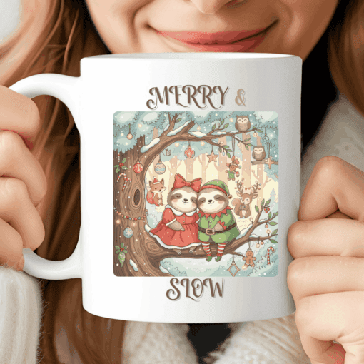 Merry & Slow Mug, Cute Christmas Sloth Coffee Cup