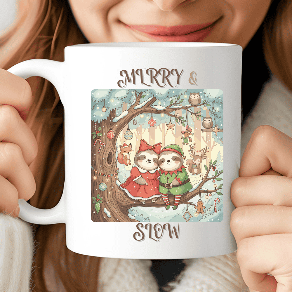 Merry & Slow Mug, Cute Christmas Sloth Coffee Cup