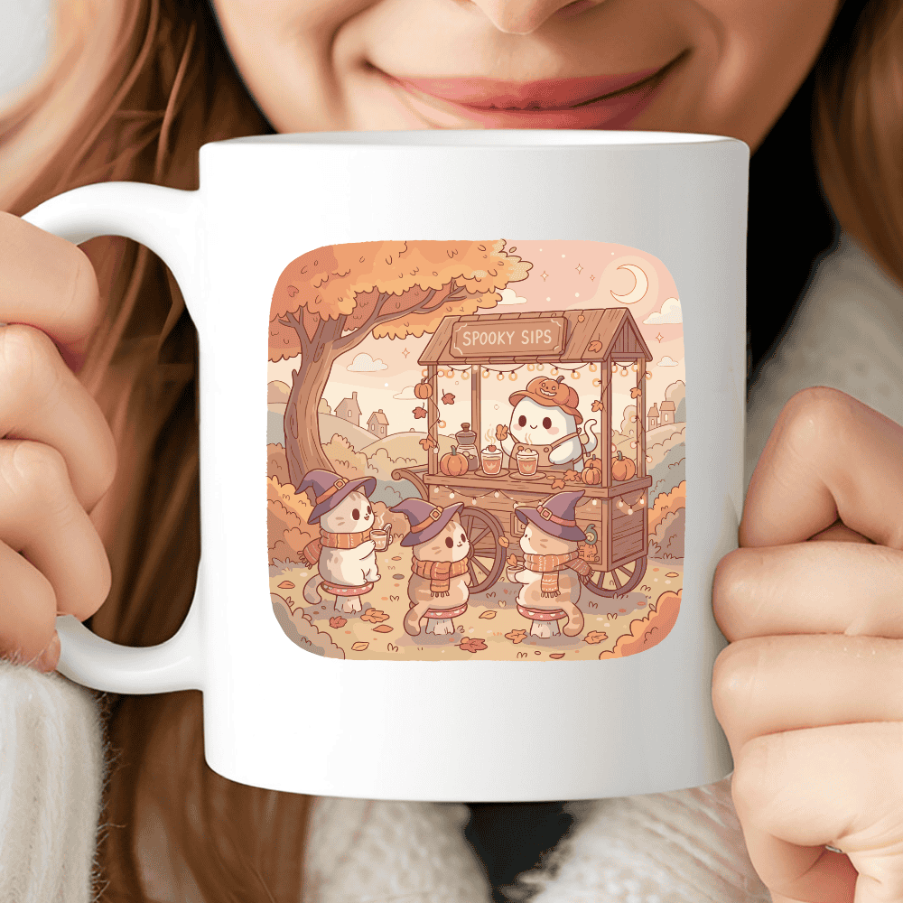 Pumpkin Spice Mug, Cozy Halloween Coffee Cup with Ghost and Cats