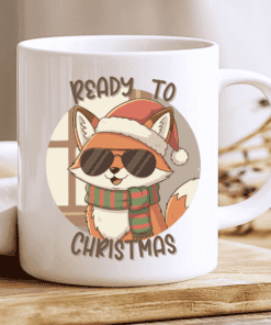 Ready to Christmas Mug, Cool Fox with Santa Hat and Scarf 2