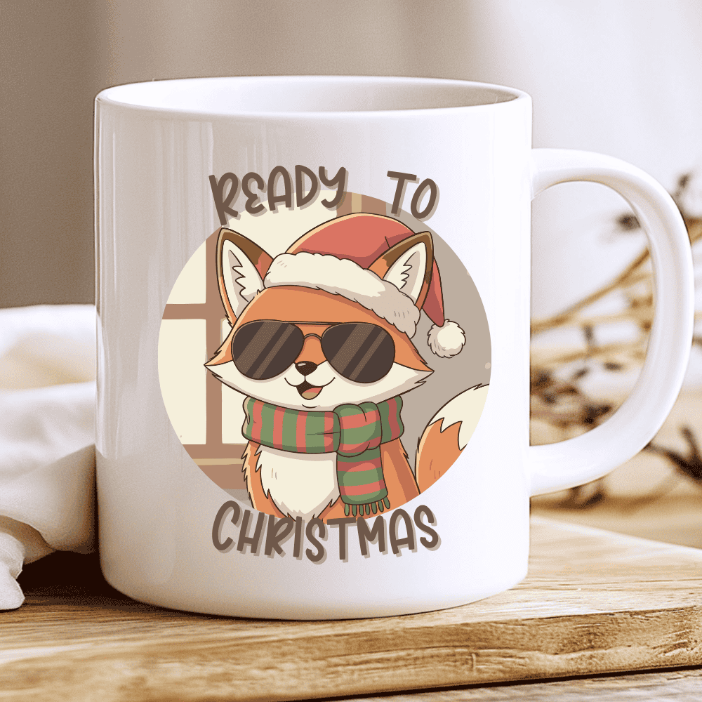 Ready to Christmas Mug, Cool Fox with Santa Hat and Scarf 2
