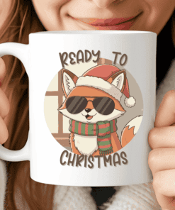 Ready to Christmas Mug, Cool Fox with Santa Hat and Scarf