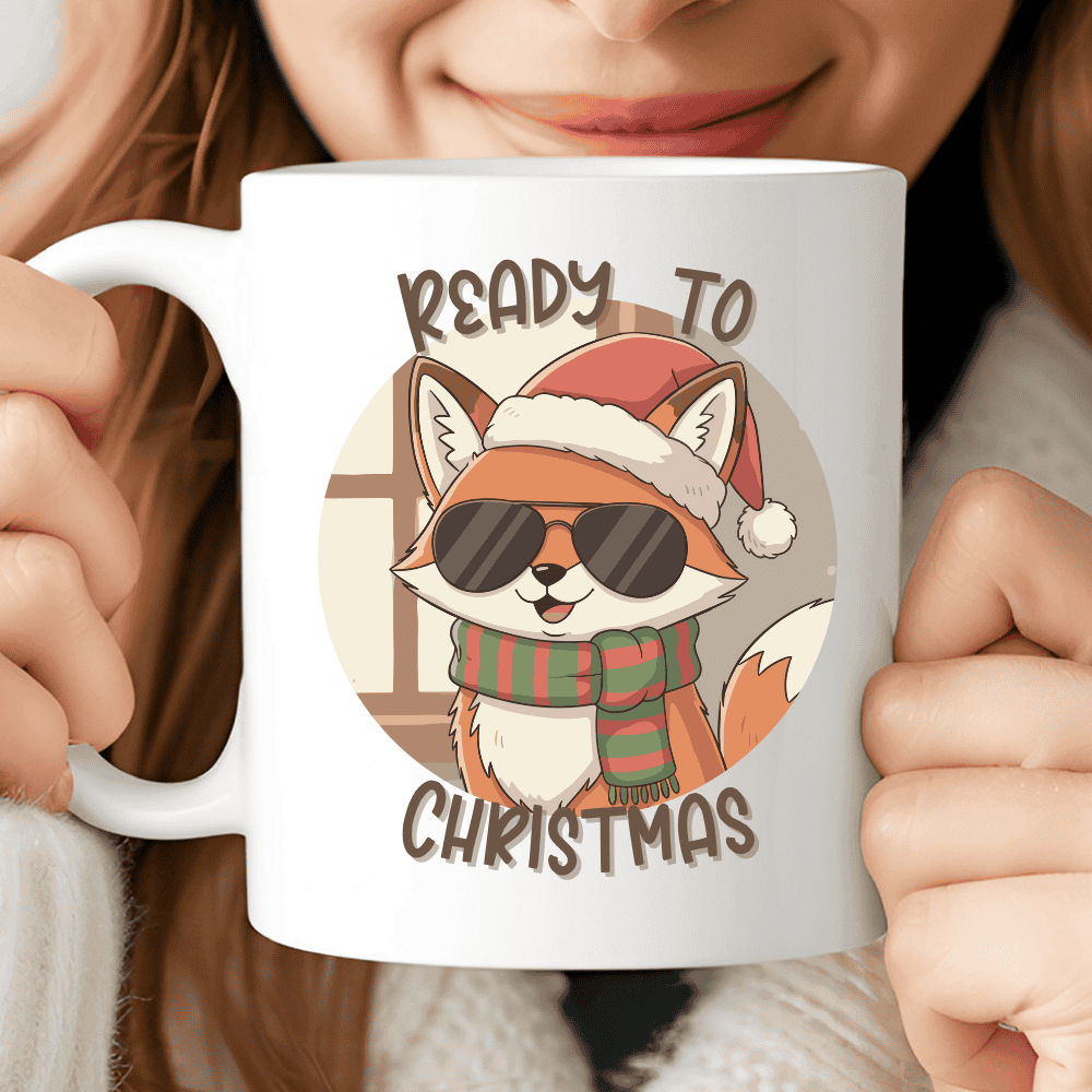 Ready to Christmas Mug, Cool Fox with Santa Hat and Scarf