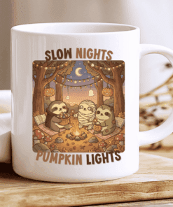 Slow Nights Pumpkin Lights Mug, Cute Halloween Sloth Coffee Cup 2