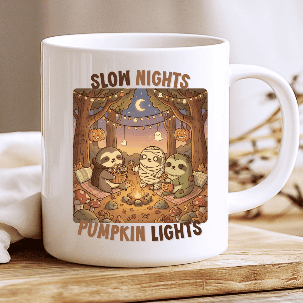 Slow Nights Pumpkin Lights Mug, Cute Halloween Sloth Coffee Cup 2