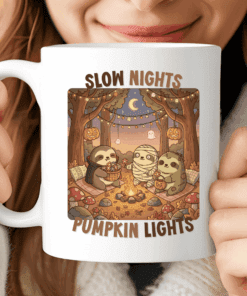 Slow Nights Pumpkin Lights Mug, Cute Halloween Sloth Coffee Cup
