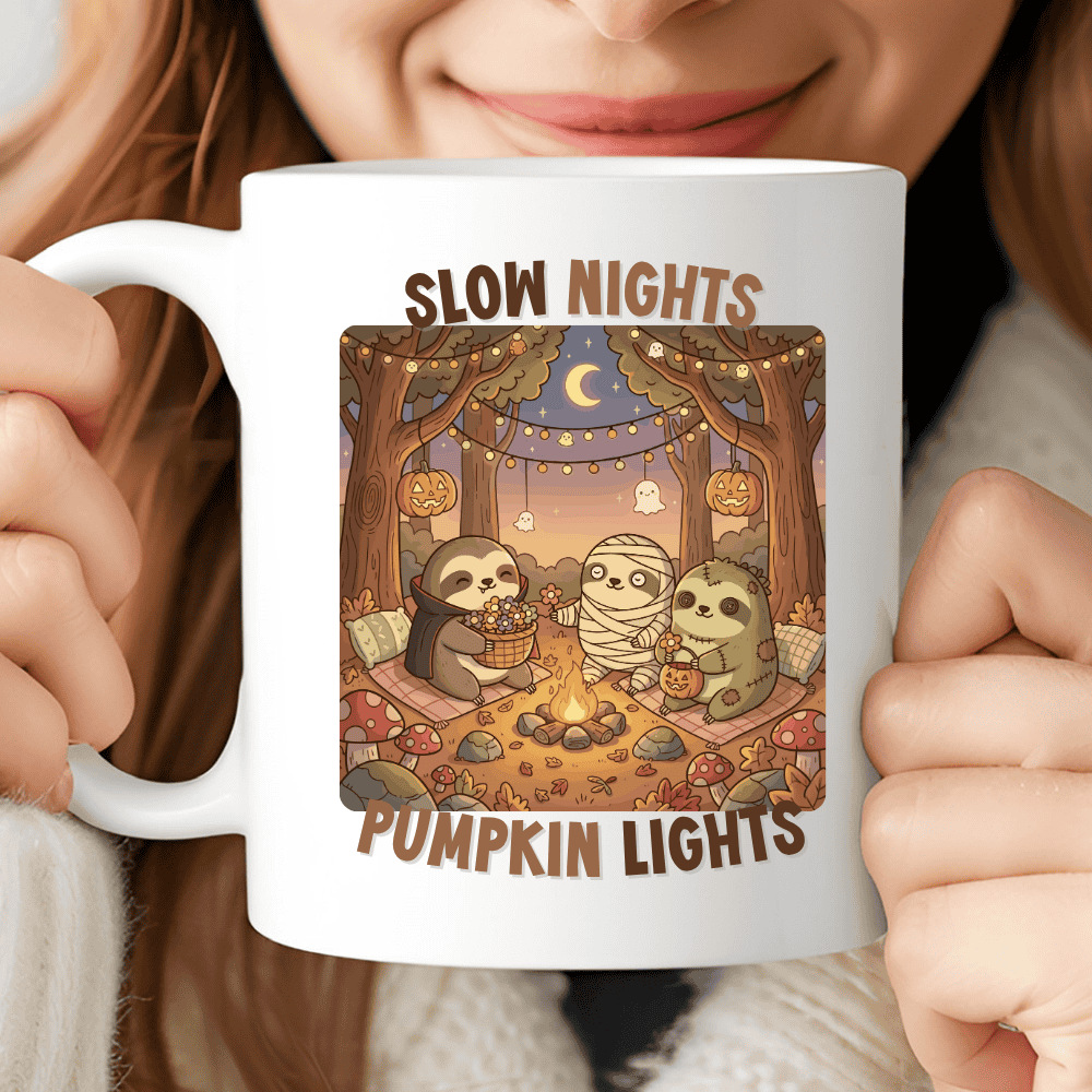 Slow Nights Pumpkin Lights Mug, Cute Halloween Sloth Coffee Cup