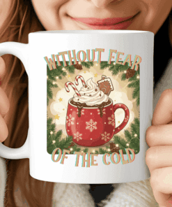 Without Fear of the Cold Mug, Christmas Coffee Cup with Whipped Cream and Candy Canes