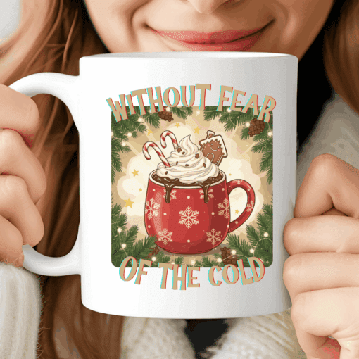 Without Fear of the Cold Mug, Christmas Coffee Cup with Whipped Cream and Candy Canes