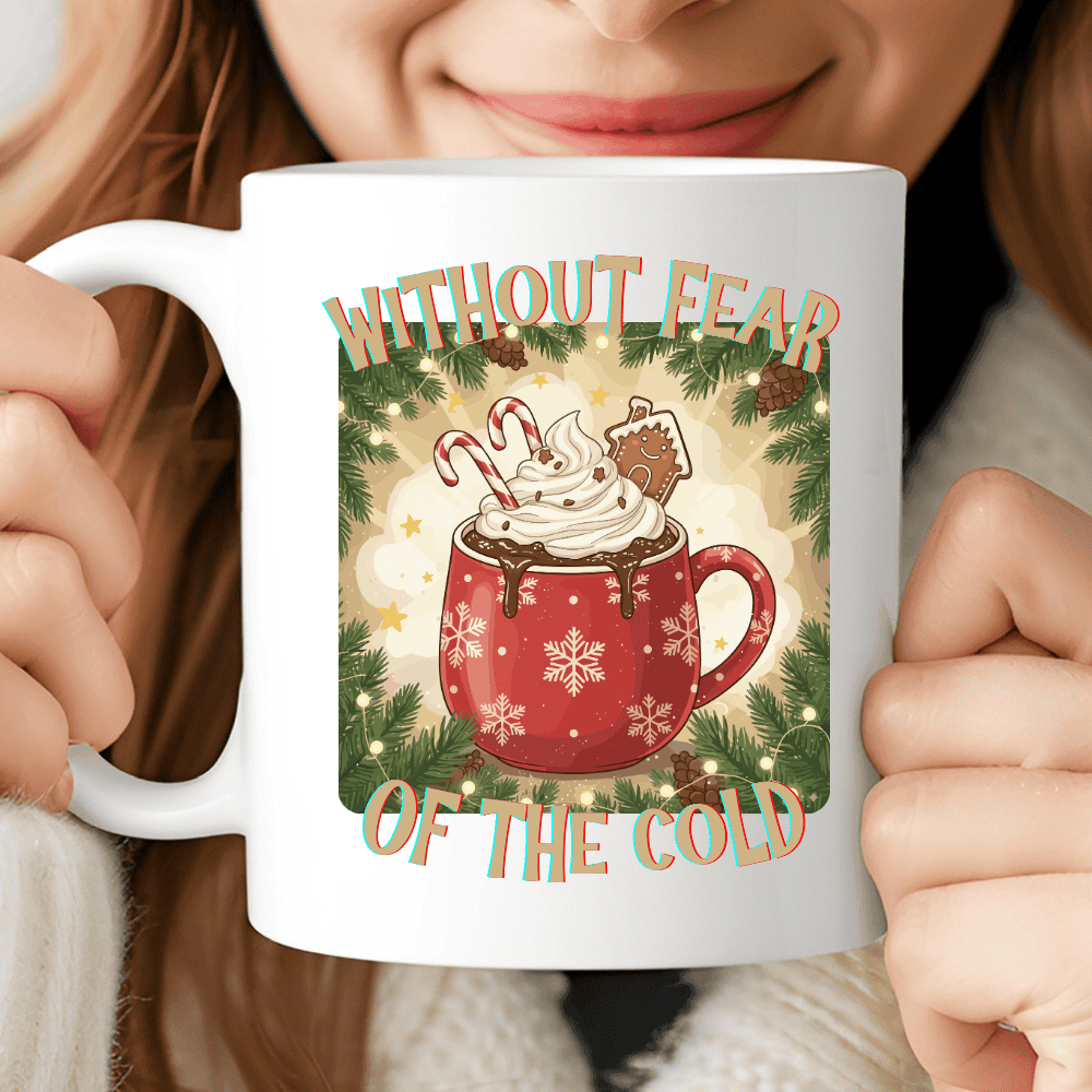 Without Fear of the Cold Mug, Christmas Coffee Cup with Whipped Cream and Candy Canes