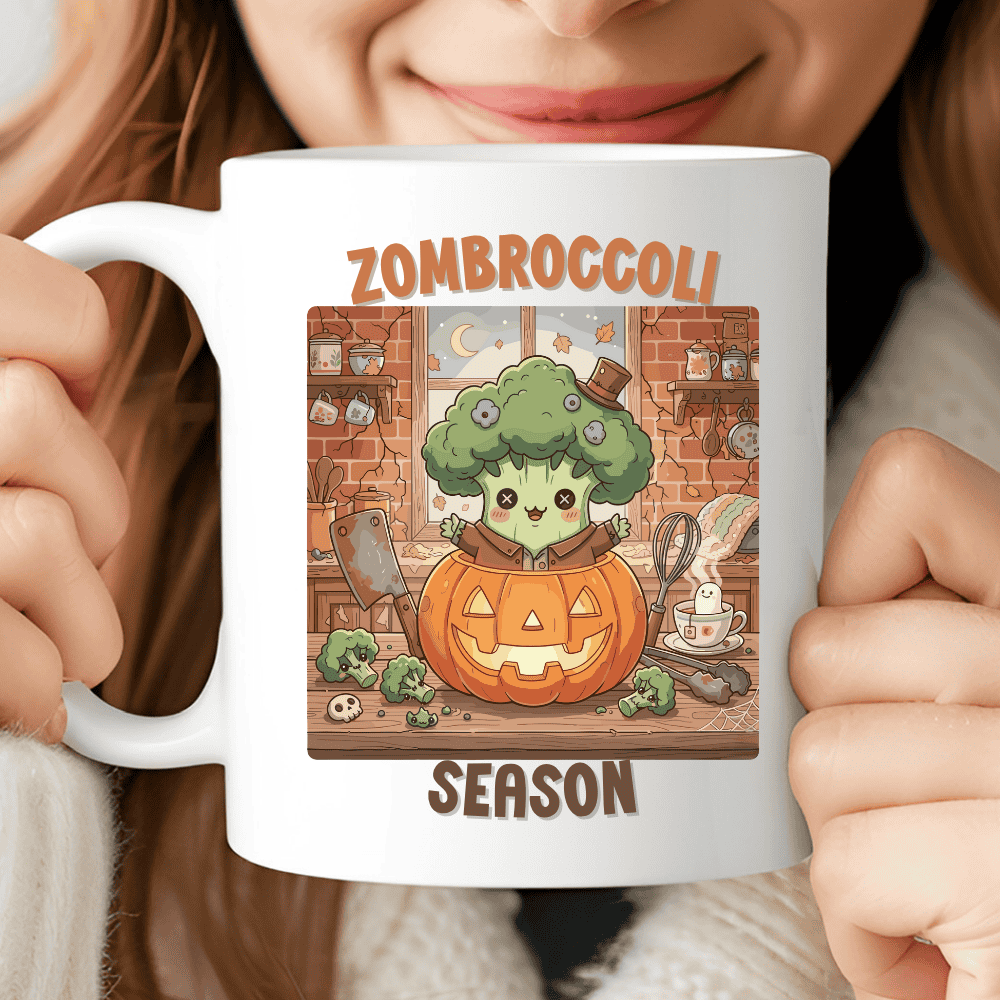 Zombroccoli Season Mug, Cute Halloween Broccoli Coffee Cup