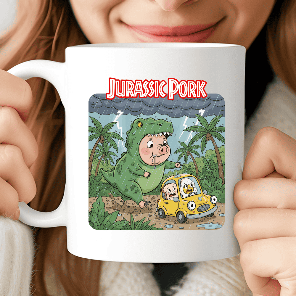 Jurassic Pork Mug, Funny Movie Parody Cup