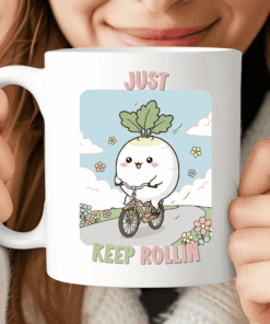 Just Keep Rollin’ Mug, Cute Kawaii Radish on Bicycle Cup