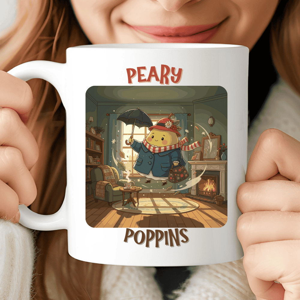 Peary Poppins Mug, Cute Cozy Pear Parody for Tea Lovers
