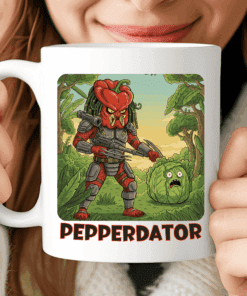 Pepperdator Mug, Funny Predator Parody Mug for Movie Lovers