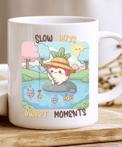 Slow Days Sweet Moments Mug, Cute Kawaii Radish Fishing Coffee Cup 2