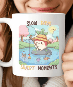 Slow Days Sweet Moments Mug, Cute Kawaii Radish Fishing Coffee Cup
