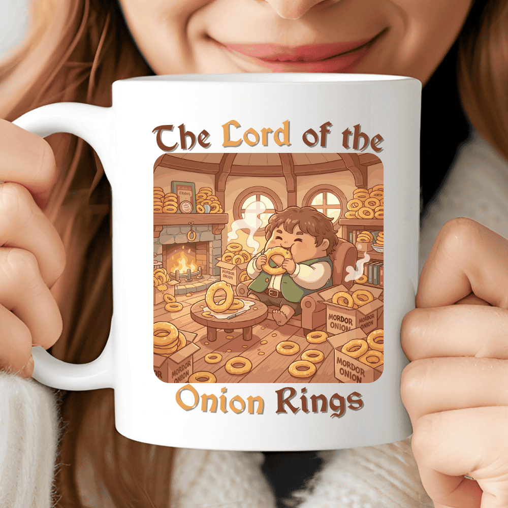 The Lord of the Onion Rings Mug, Movie Parody Coffee Cup
