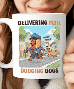 Delivering mail, dodging dogs Funny mail carrier mug. Gift for postmen.