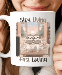 Slow Living, Fast Loving Mug – Cute Kawaii Sloth Love Mug CocoaBiscuit