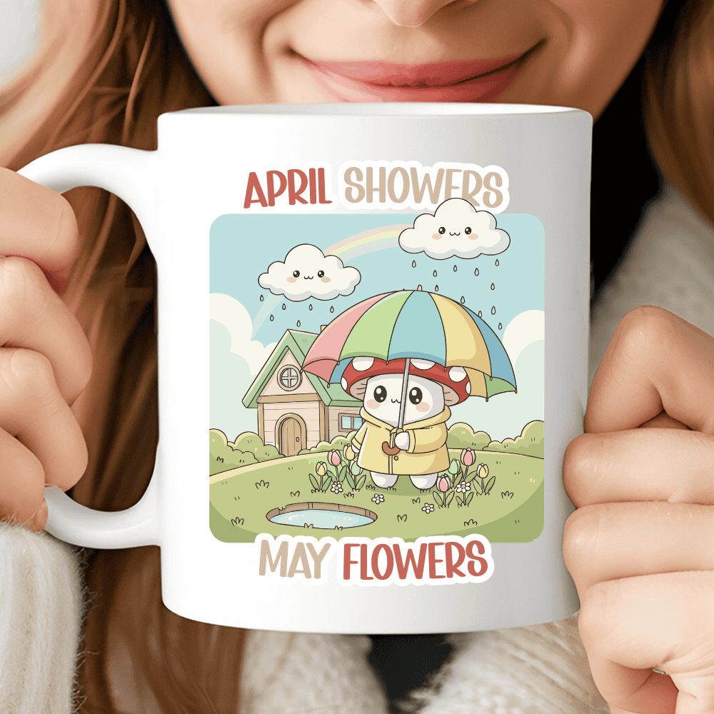 Mushroom Rain Mug, April Showers Bring May Flowers