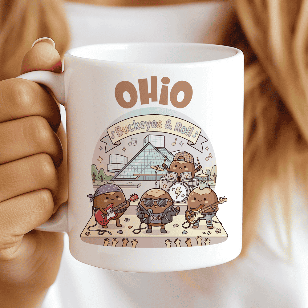 Ohio Mug, Buckeyes & Roll (Cleveland Rock Hall Adventure) CocoaBiscuit