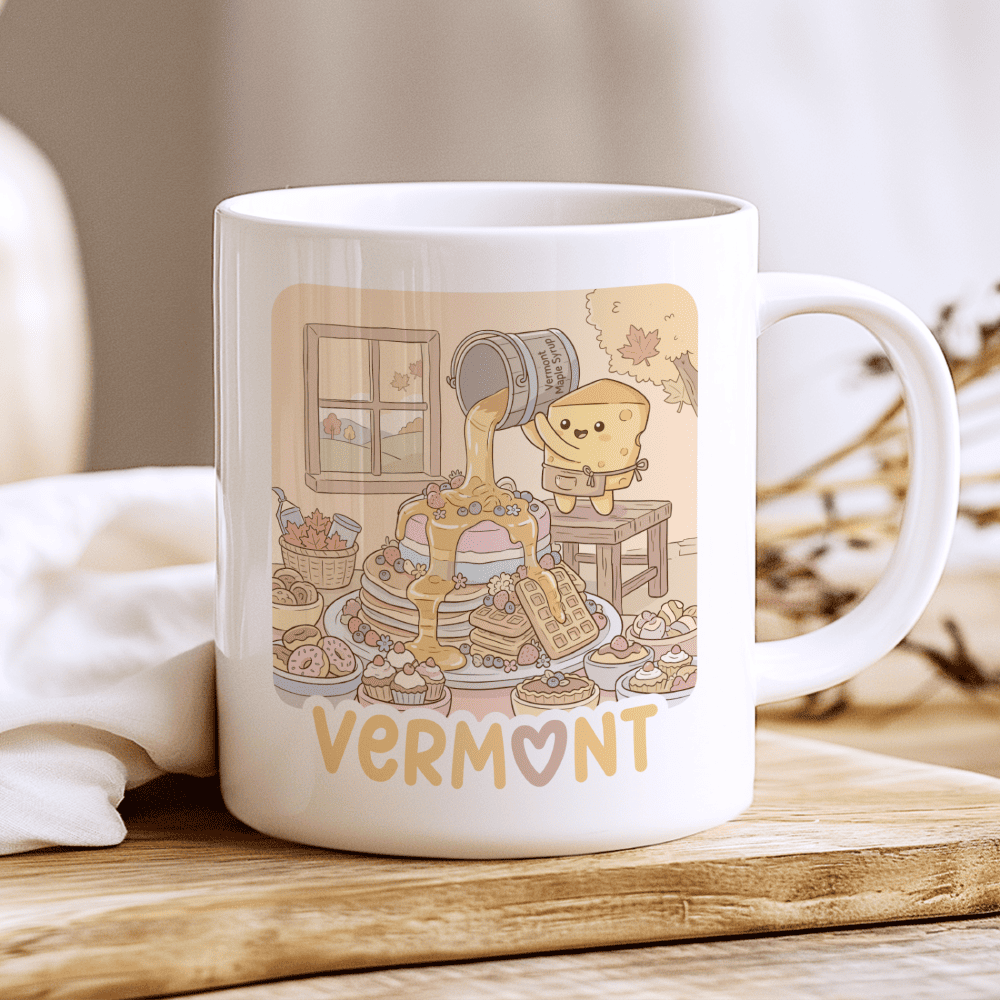 Vermont Mug, Moving Away Gift, Cute Cheese Coffee Cup, Maple Syrup Art, USA Mug, Burlington Souvenir, Autumn Decor, Farewell Present, 11oz